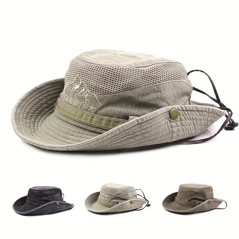 Sammenleggbar unisex solhatt i khaki med pustende stoff, bred kant og UV-beskyttelse.