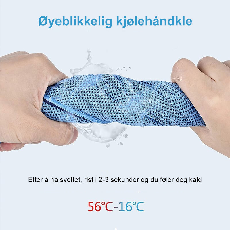 Blått mikrofiberhåndkle for sport, kjøler ned kroppen etter trening eller utendørsaktiviteter.