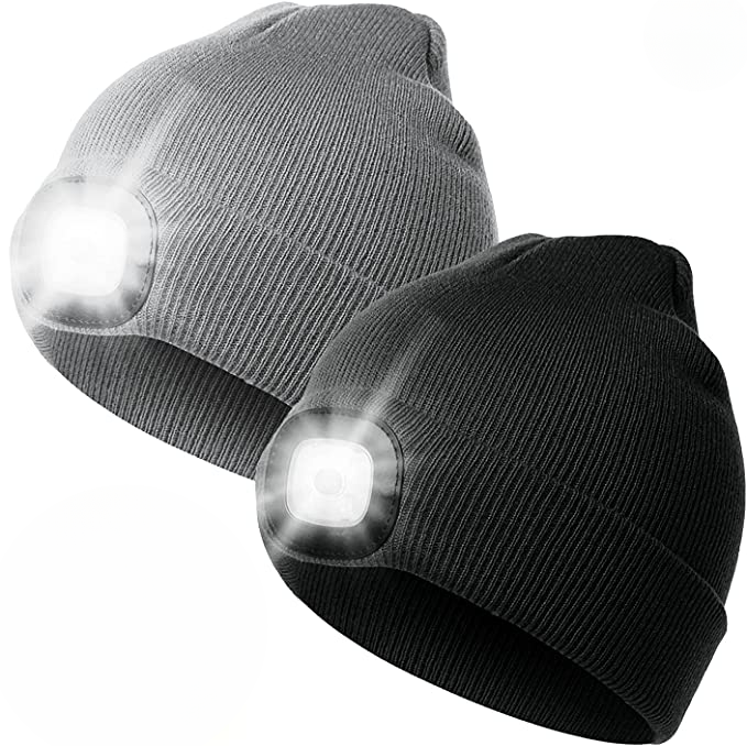 Pakket unisex strikkelue med oppladbar LED-belysning, klar for gave.