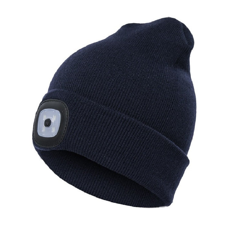 Sidevisning av vinterlue med diskret LED-belysning, unisex design.