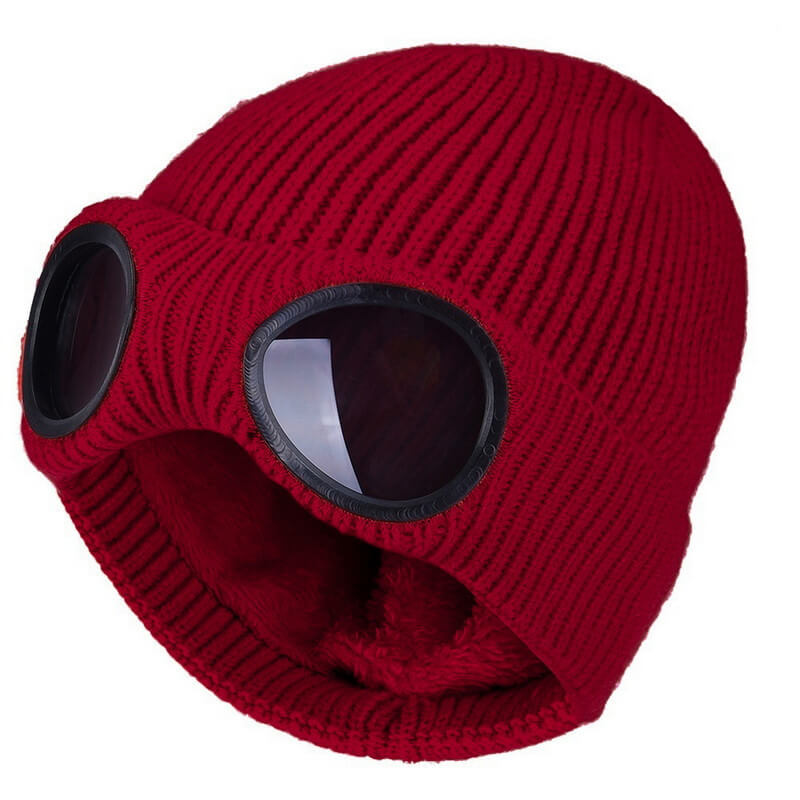 Unisex skibrillelue; strikket beanie for ski og snowboard. Integrerte briller gir beskyttelse og stil i bakken.