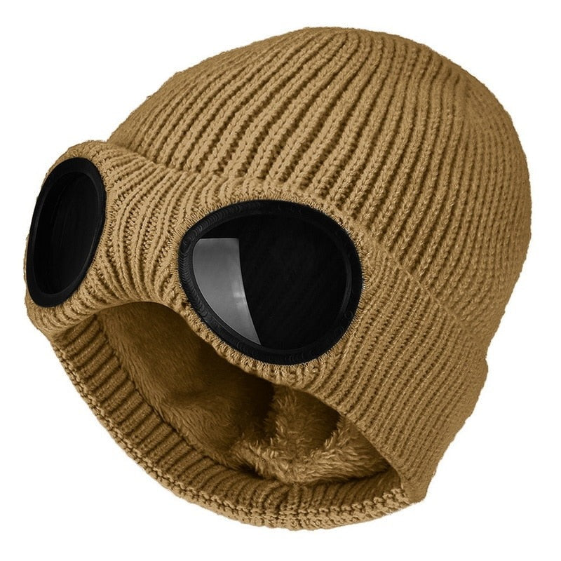 Allsidig unisex strikket lue med integrerte briller; ideell for vinteraktiviteter, ski, snowboard og hverdag.