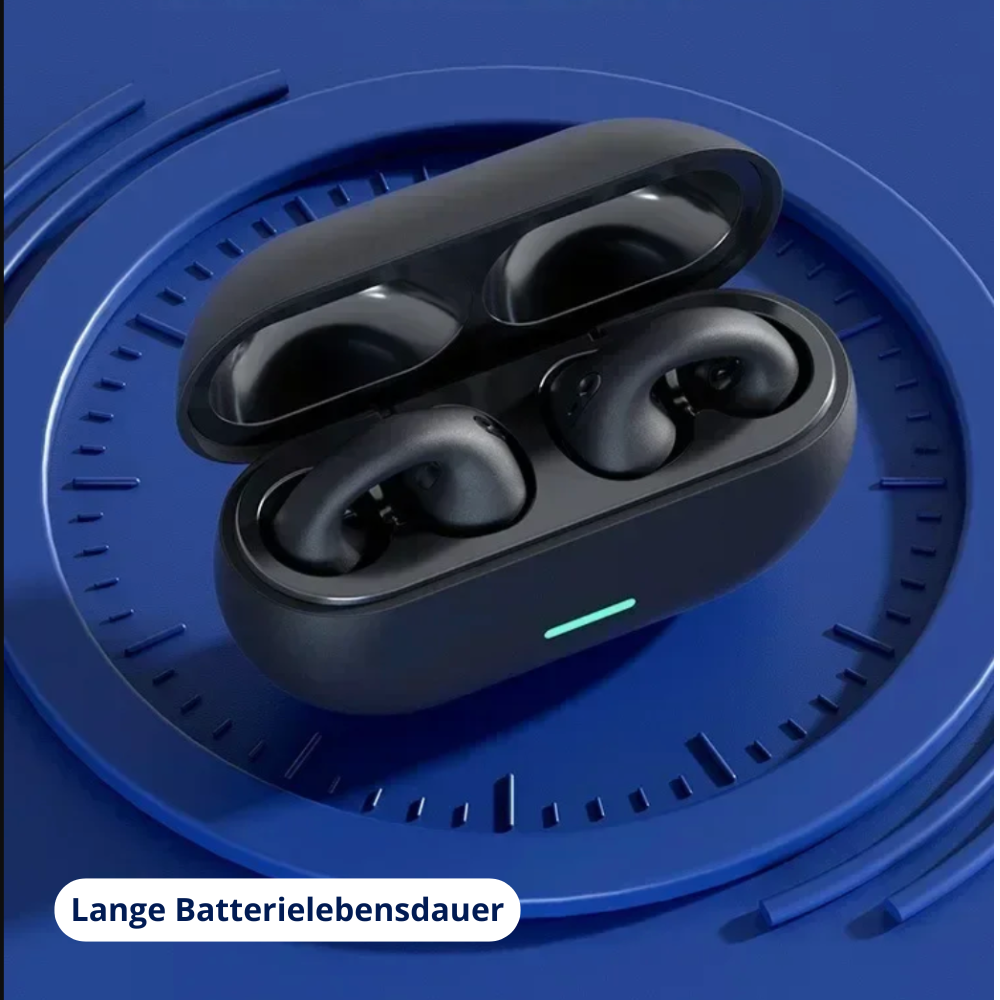 Nærbilde av en elegant unisex trådløs ørepropp i øret, viser komfortabel og diskret passform.