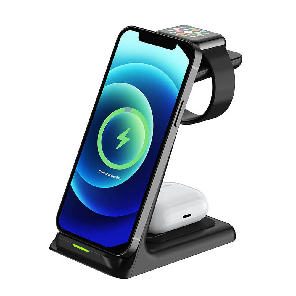 Universal 3-i-1 trådløs ladestasjon for smarttelefon, smartklokke og Airpods. Elegant organiser.