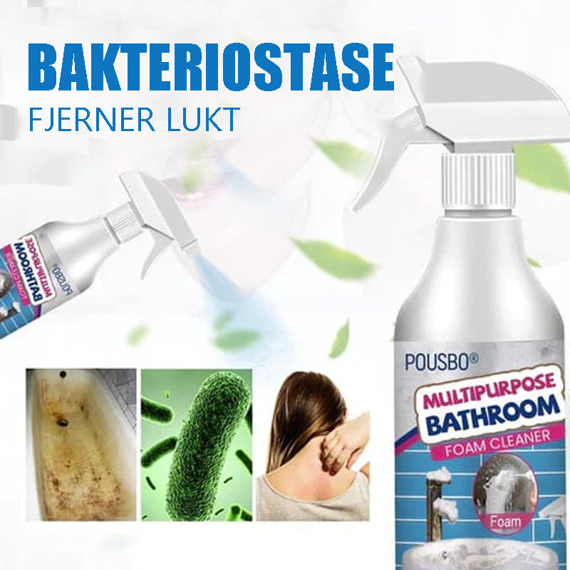 Flaske med universal rengjøringsmiddel, merket 'gjenstridige flekker' og 'hjemmerengjøring'.