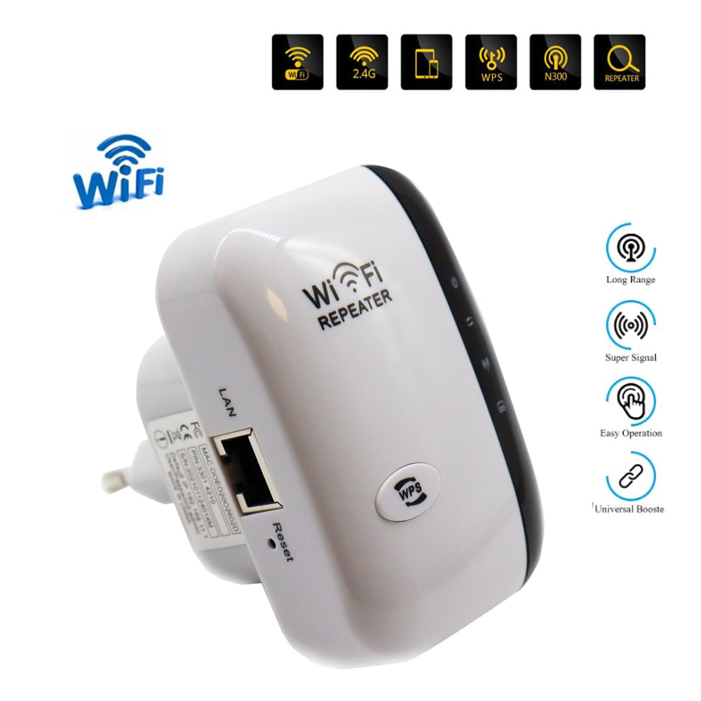 Kompakt WiFi Repeater, enkel å installere, passer diskret inn i ethvert hjemmekontor eller stue.