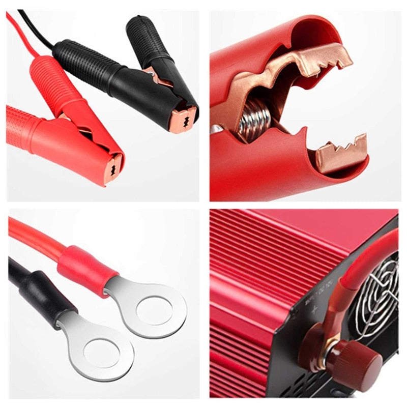 Batterikabel i bruk, koblet til bilbatteri. Universell strømkabel med krokodilleklemmer for bil- og båtutstyr.
