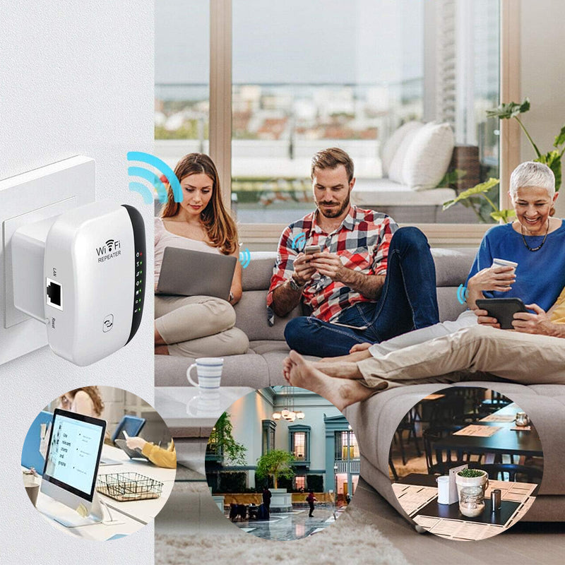 Kompakt WiFi repeater forbedrer trådløst nettverk. Diskret design passer inn i ethvert hjem.