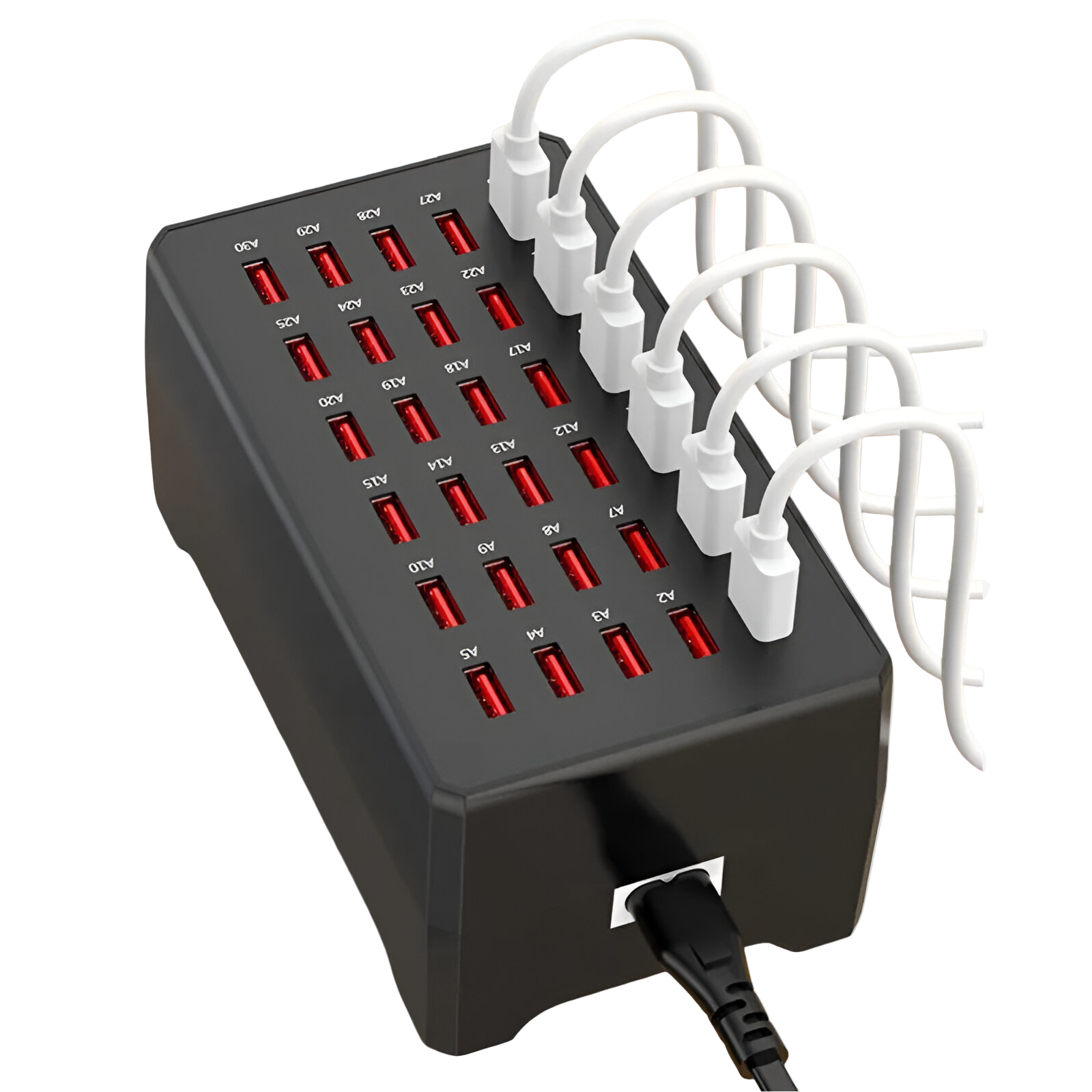 USB-ladestasjon svart med 30 porter, perfekt for kontorer og flere enheter
