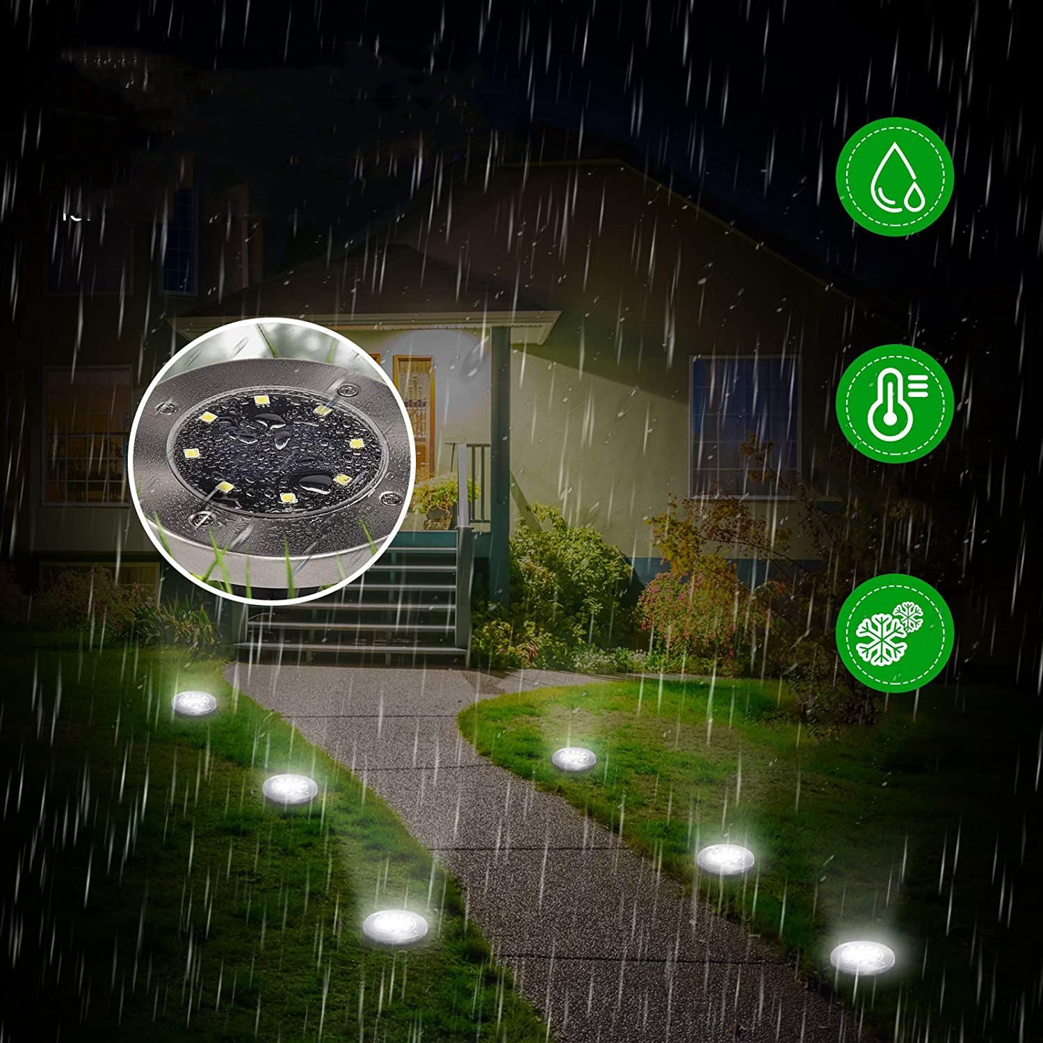 Energieffektivt LED solcelle disklys. Vanntett automatisk hagelys, perfekt for utendørs landskapsbelysning.