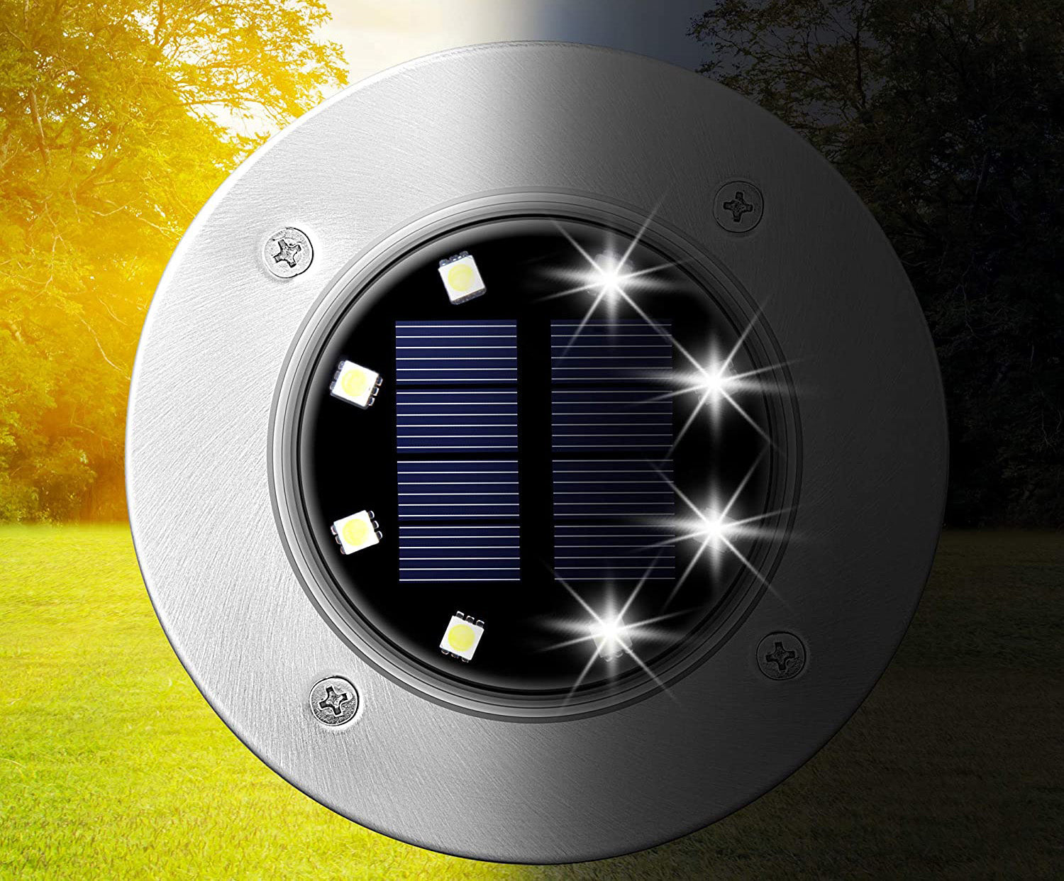 Robust, vanntett LED solcelle disklys; energieffektivt automatisk hagelys for gangveier og utendørs.