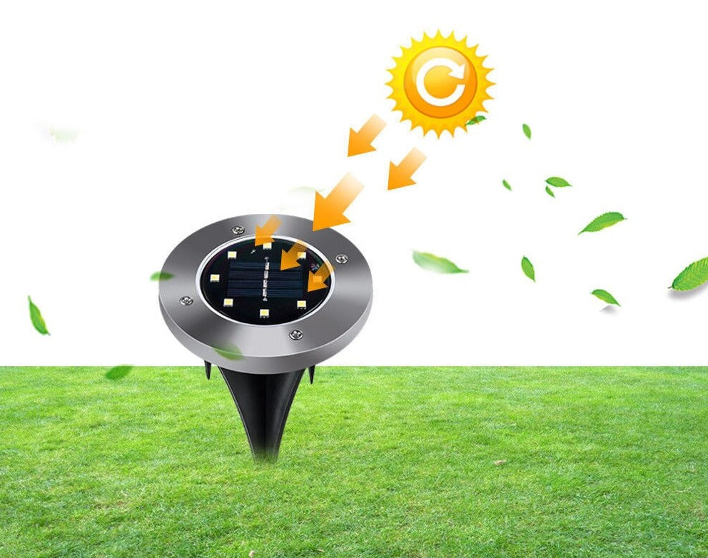 Landskapsbelysning med automatisk LED solcelle disklys. Lyser opp gangvei og hage effektivt og dekorativt.