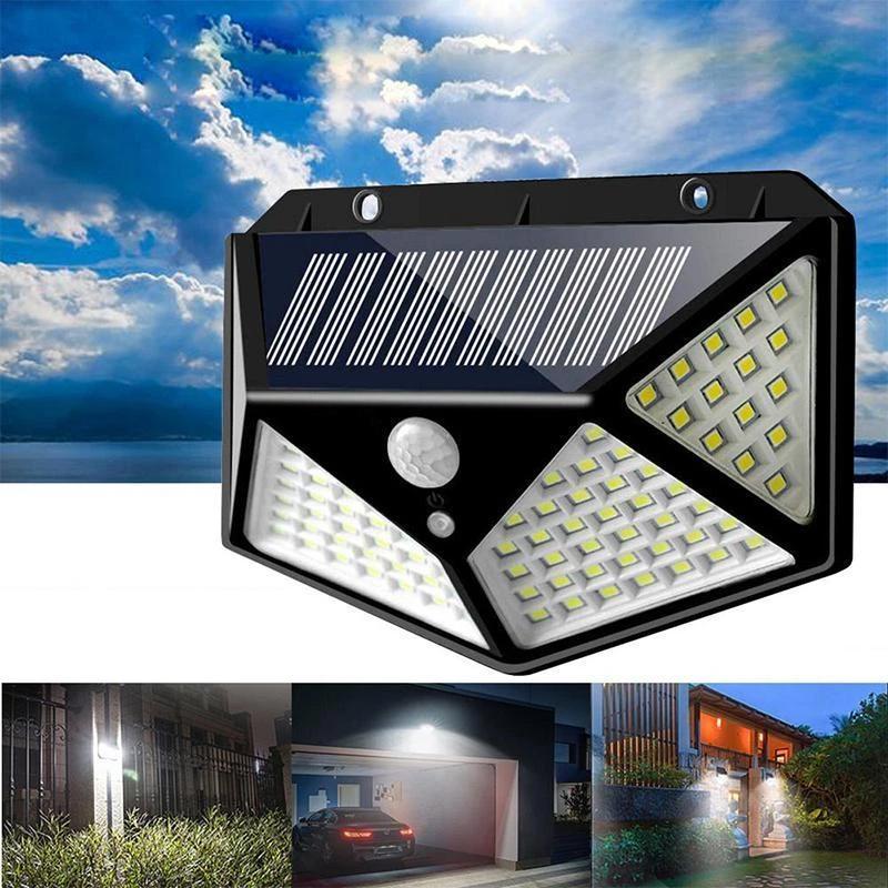 Utendørs solcellelampe med 100 LED og bevegelsessensor, ideell for hage og vegg.