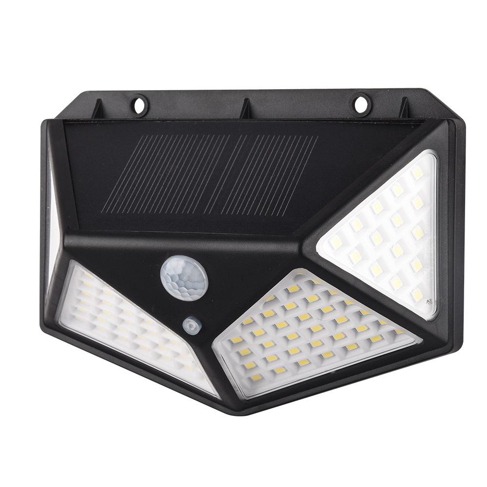 Veggmontert solcellelampe med 100 LED og bevegelsessensor, gir effektiv utendørsbelysning.