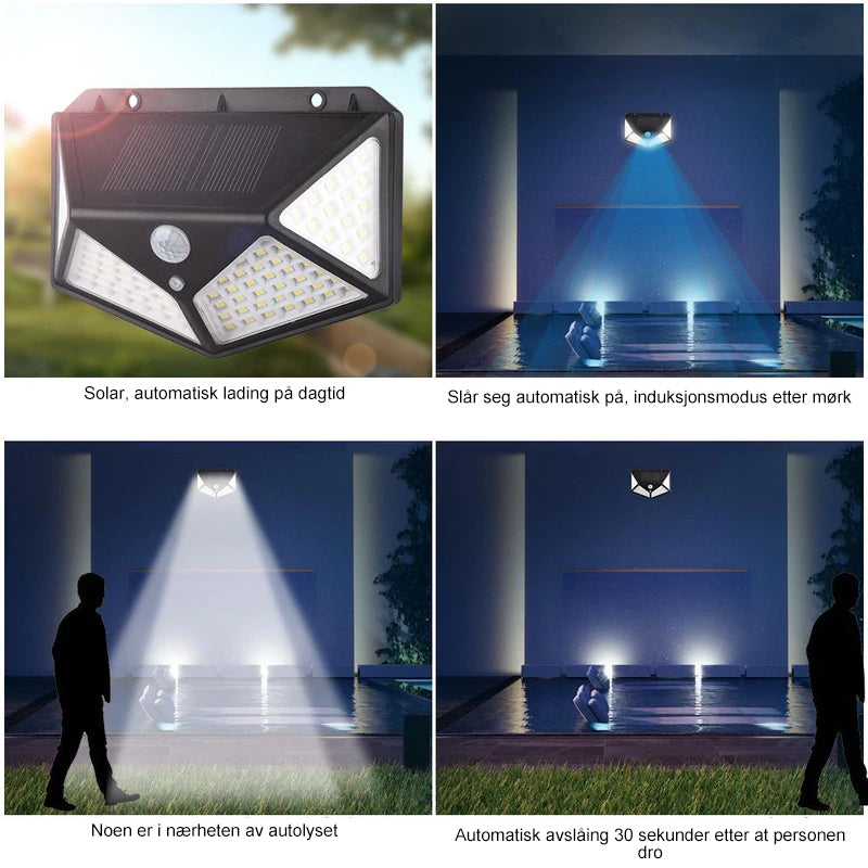Automatisk solcellelampe med bevegelsessensor og 100 LED, lyser opp mørke utendørsområder.