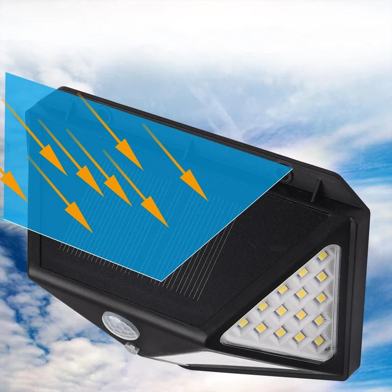 Effektiv utendørs solcelle LED-lampe med bevegelsessensor og 100 lysdioder for sikkerhet.