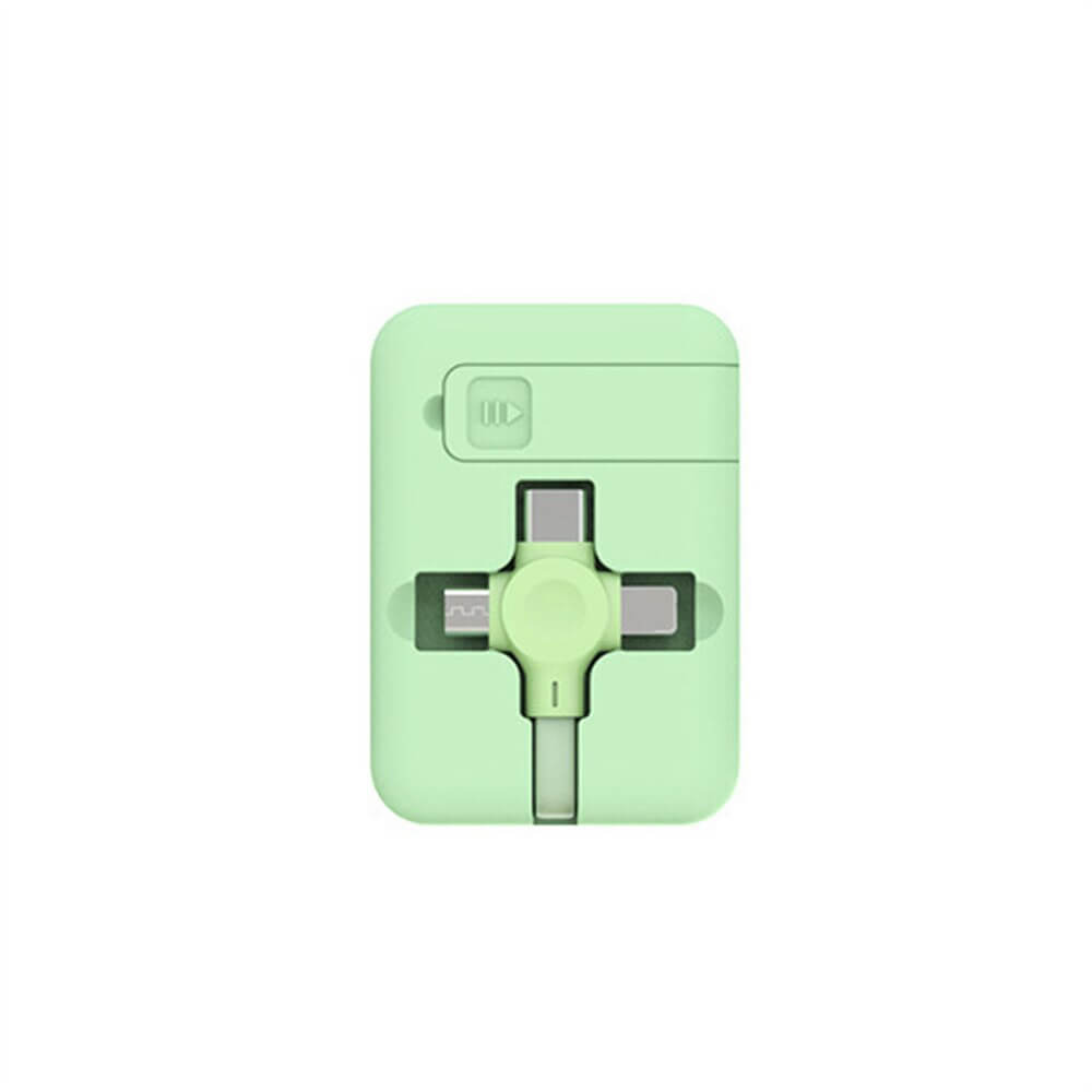 Universell 3-i-1 ladekabel med uttrekkbar funksjon og telefonstativ, for Lightning, Type-C og Micro-USB.
