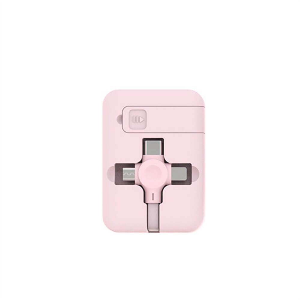Smart 3-i-1 ladekabel og telefonstativ for alle enheter; uttrekkbar USB-kabel for enkel organisering.
