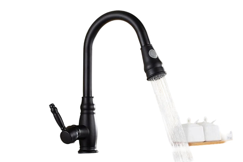 Uttrekkbar kjøkkenkran med dobbel funksjon og elegant design i krom.