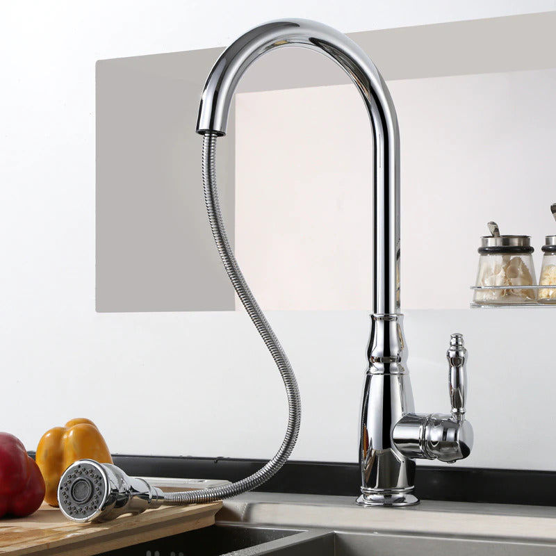 Nærbilde av uttrekkbar kjøkkenkran med elegant kromfinish og dobbel funksjon. Høykvalitets design.