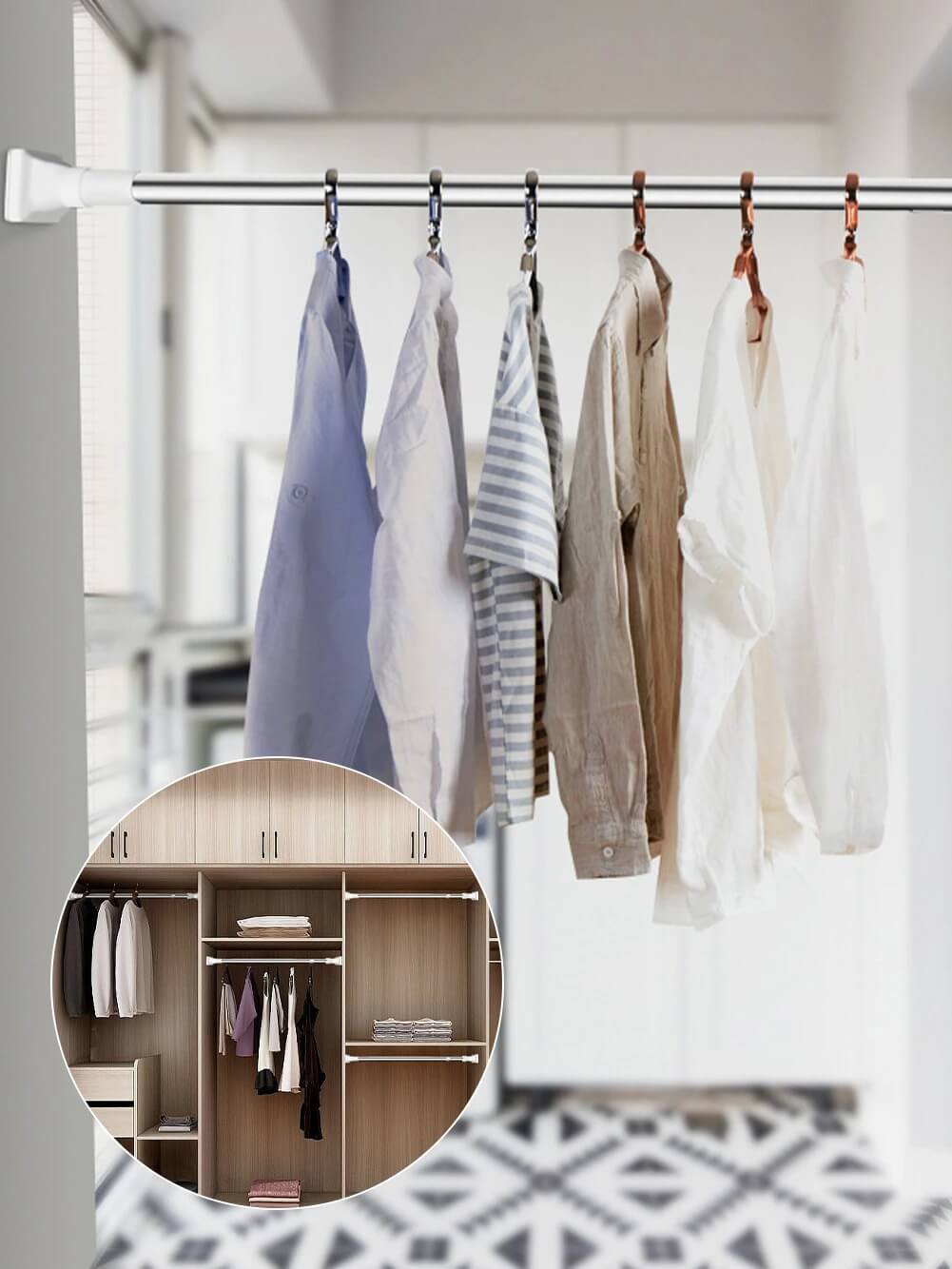 Robust klesstang i aluminium til garderobe, utvidbar for optimal organisering av klær og tilbehør.