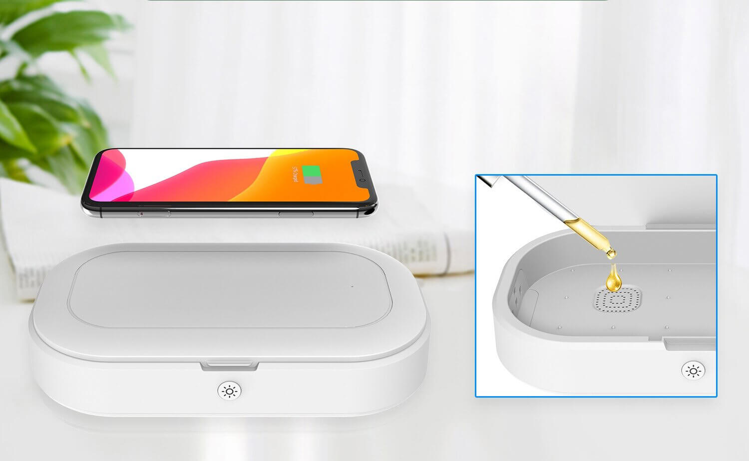 UV-sterilisator med aromaterapi-funksjon. Frisk opp mobilen samtidig som den desinfiseres og lades.