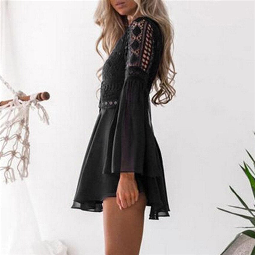 Stilig dame fritidskjole, Boho Chic blondekjole med V-hals, behagelig chiffon sommerkjole