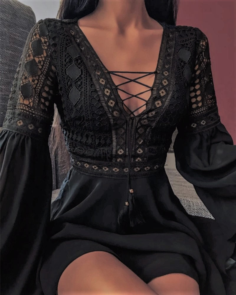 Moderne dame Chiffon minikjole med Boho blonder, V-hals, ideell som sommer fritidskjole