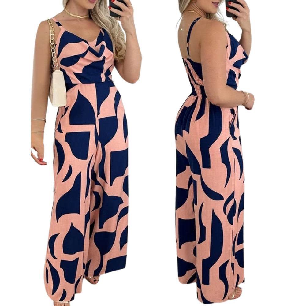 V-hals jumpsuit for kvinner med åpen rygg og vide ben, perfekt for sommerfest. Elegant damemote.