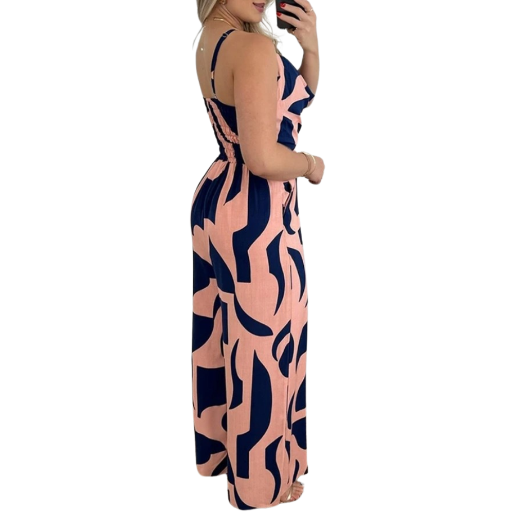 Komfortabel og chic jumpsuit med V-hals, åpen rygg og vide ben. Ideell for både fest og fritid.