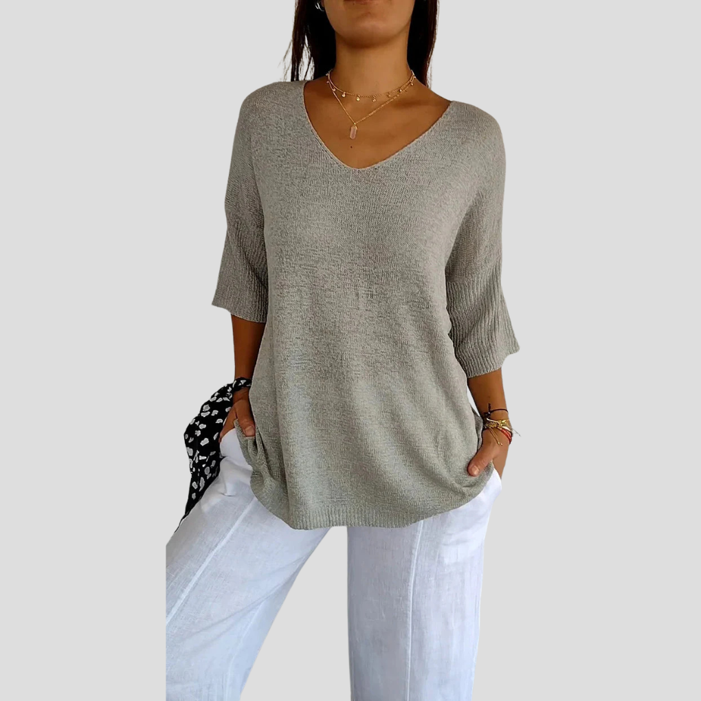 Chic V-hals strikket topp for kvinner, enkel å style for enhver anledning. Hverdagsbruk, sommer og vår.