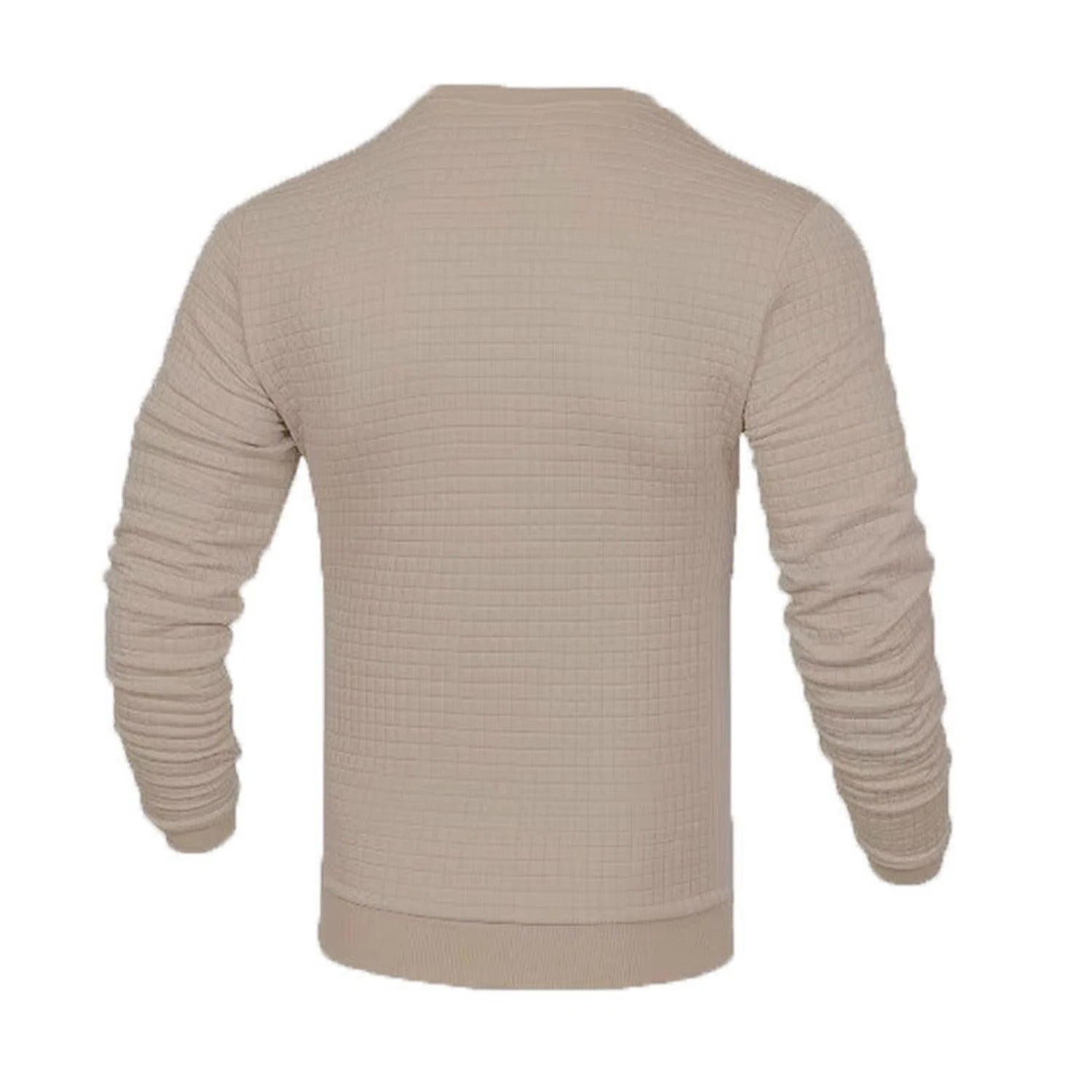 Mann i mørk vaffelgenser med rund hals, casual og moderne strikkegenser for høst og vintermote.