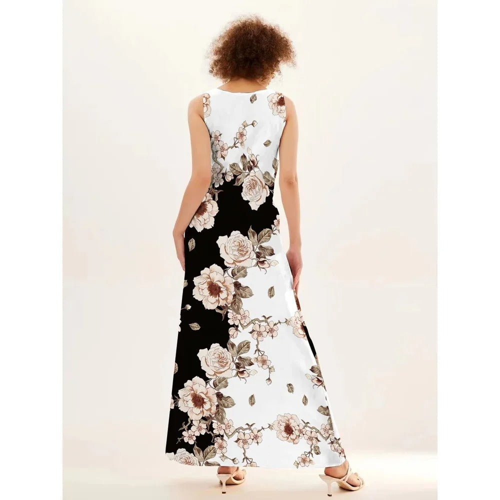 Retro ermeløs damekjole med blomstermønster. En allsidig bohemian sommerkjole for avslappede dager.