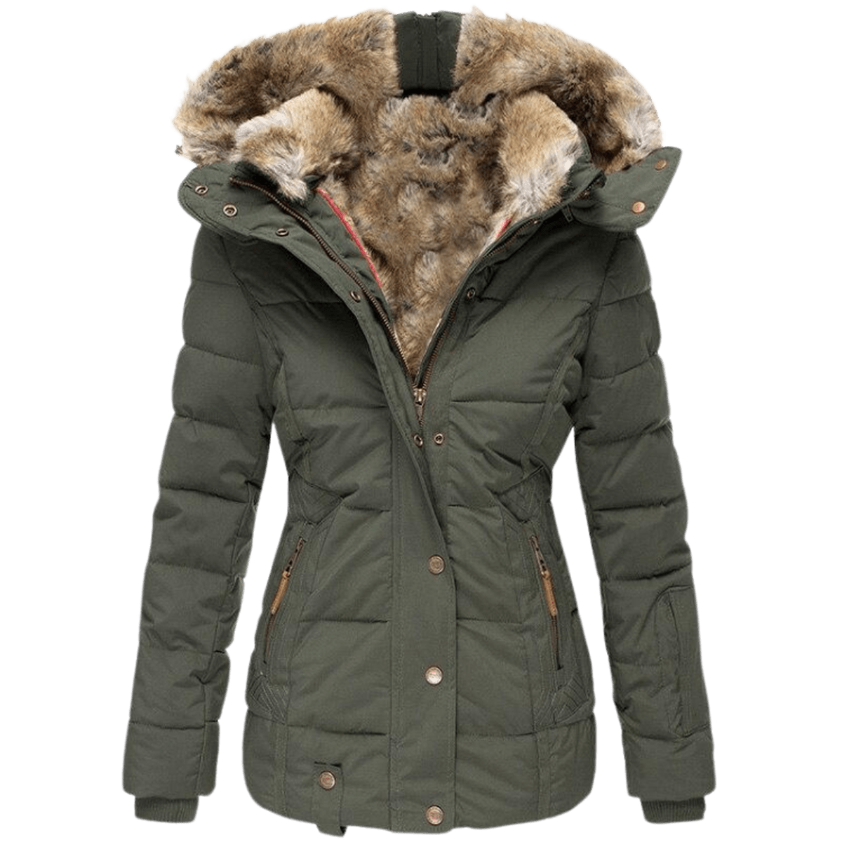 Stilren slim fit vinterjakke for kvinner med hette og varmt fuskepelsfôr.