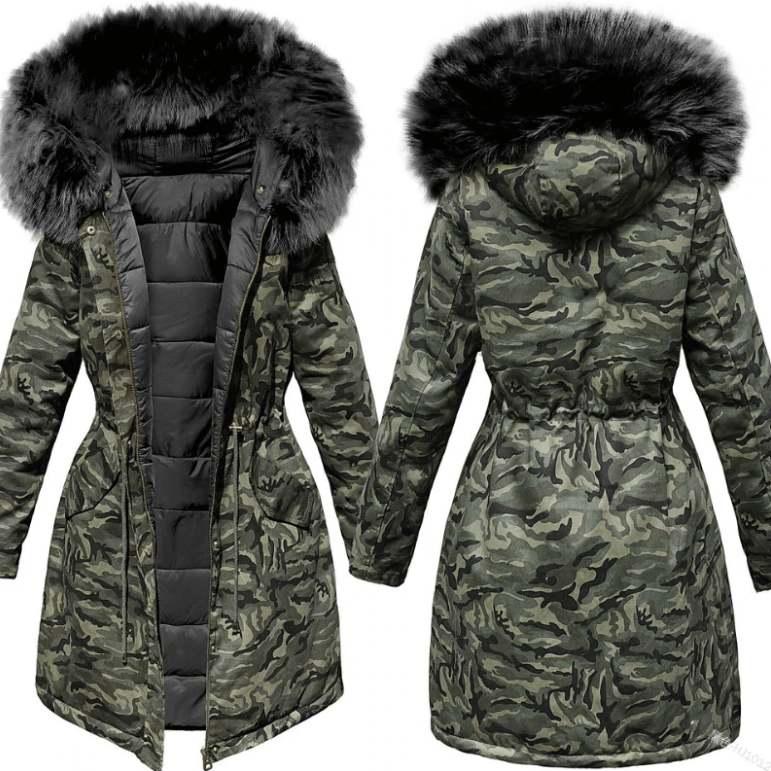 Varm kamuflasje parkas for kvinner, perfekt for vintermote. Kombinerer stil, beskyttelse og komfort.