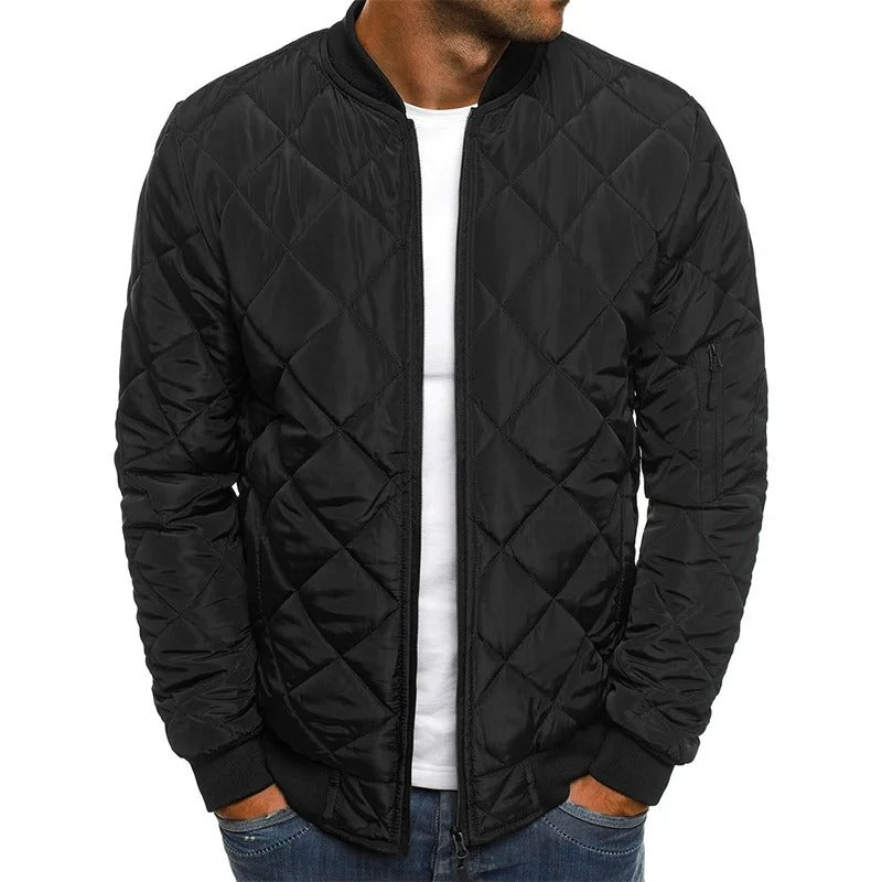 Trendy glidelåsjakke for menn, vattert bomber i moderne herremote design.
