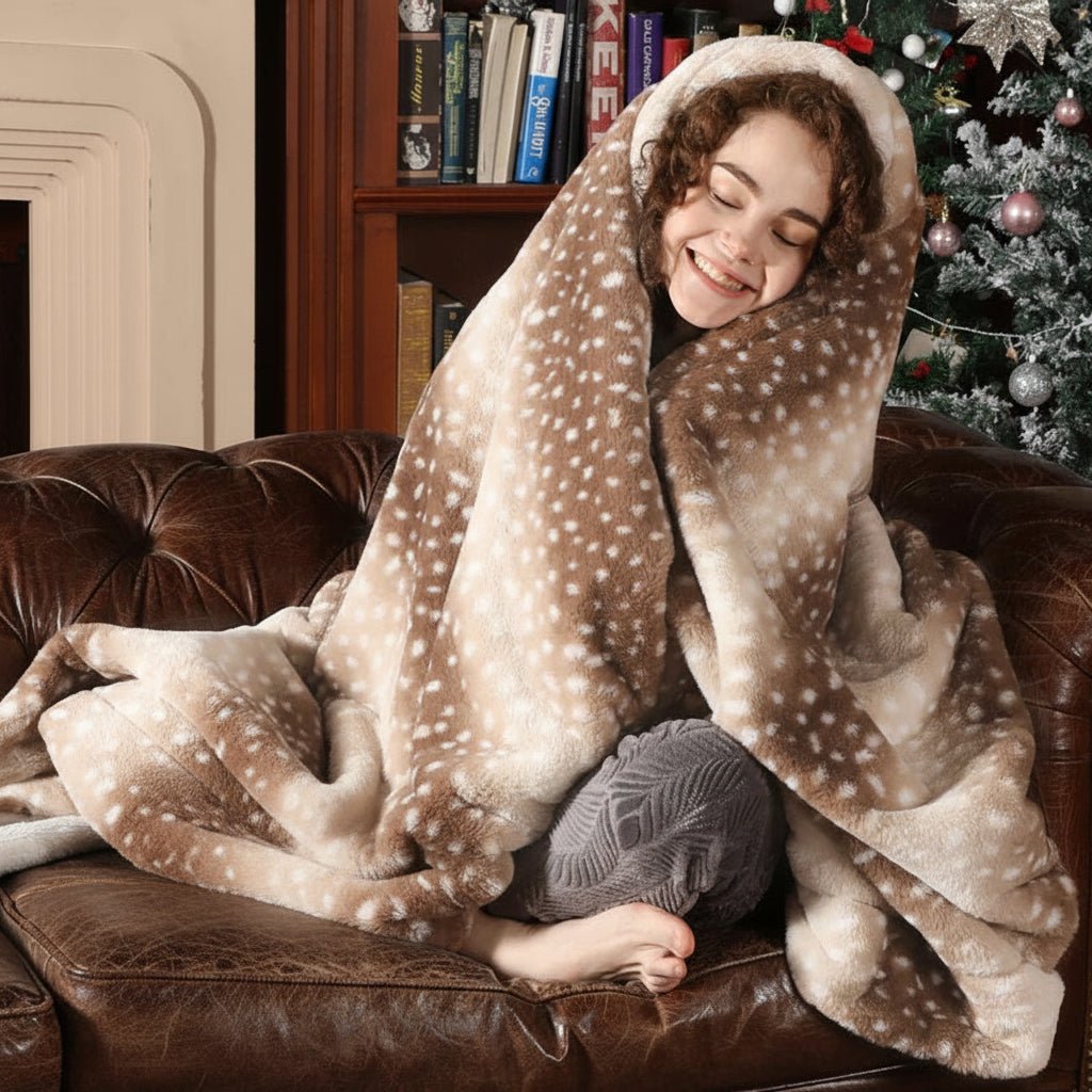 Mykt plysjpledd med hjortemotiv. Vendbart koseteppe for varme og hygge i hjemmet. Ideelt for stuen.