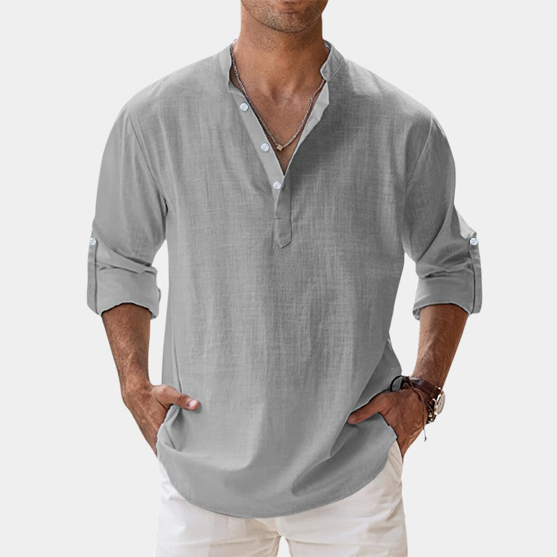 Casual langermet vintage skjorte for menn. Båtkrage design, komfortabel og allsidig stil.
