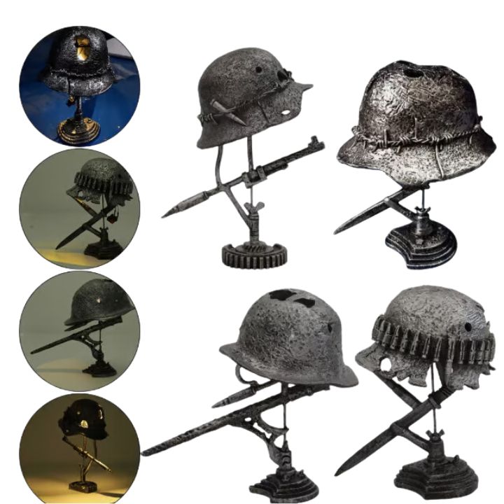 Dekorativ LED-lampe; vintage stålhjelm bordlampe for hjem og kontor, med flammeeffekt.