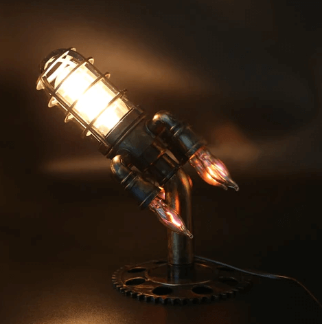 Retro rakettlampe, steampunk bordlampe med synlig pære, dekorativ.