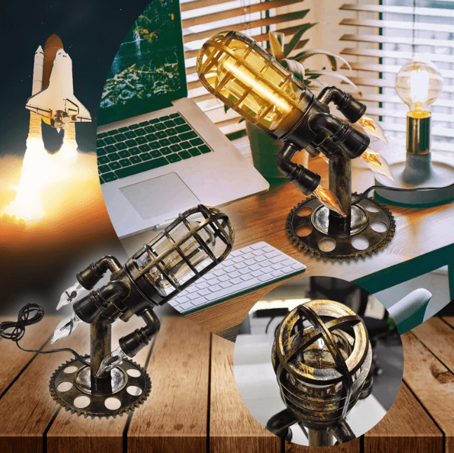 Bordlampe i steampunk-stil, unik vintage rakettlampe, flott dekorasjon.