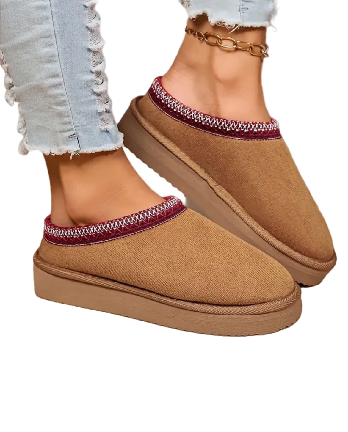 Warme lila Damen-Hausschuhe für den Winter, seitliche Ansicht, plüschig und gemütlich